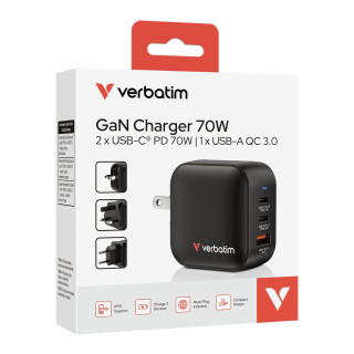 VERBATIM MINI GANCHARGER 70W 3 PORT US PLUG WITH EUUK ADAP